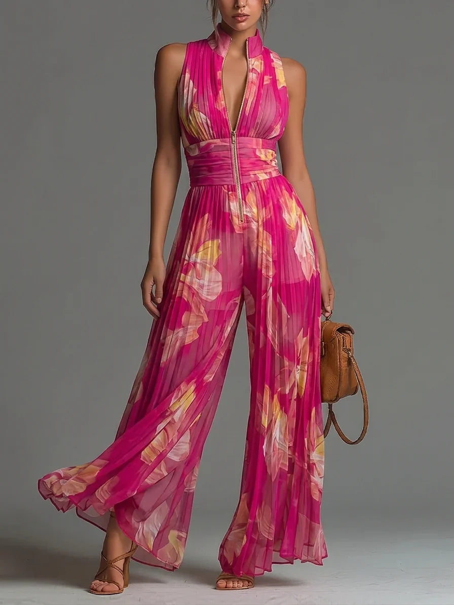 Nicole | Mono de chifón plisado con estampado floral fucsia