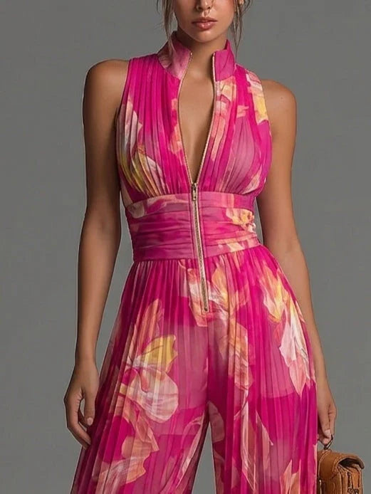 Nicole | Mono de chifón plisado con estampado floral fucsia