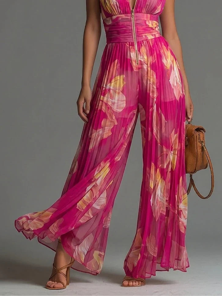 Nicole | Mono de chifón plisado con estampado floral fucsia