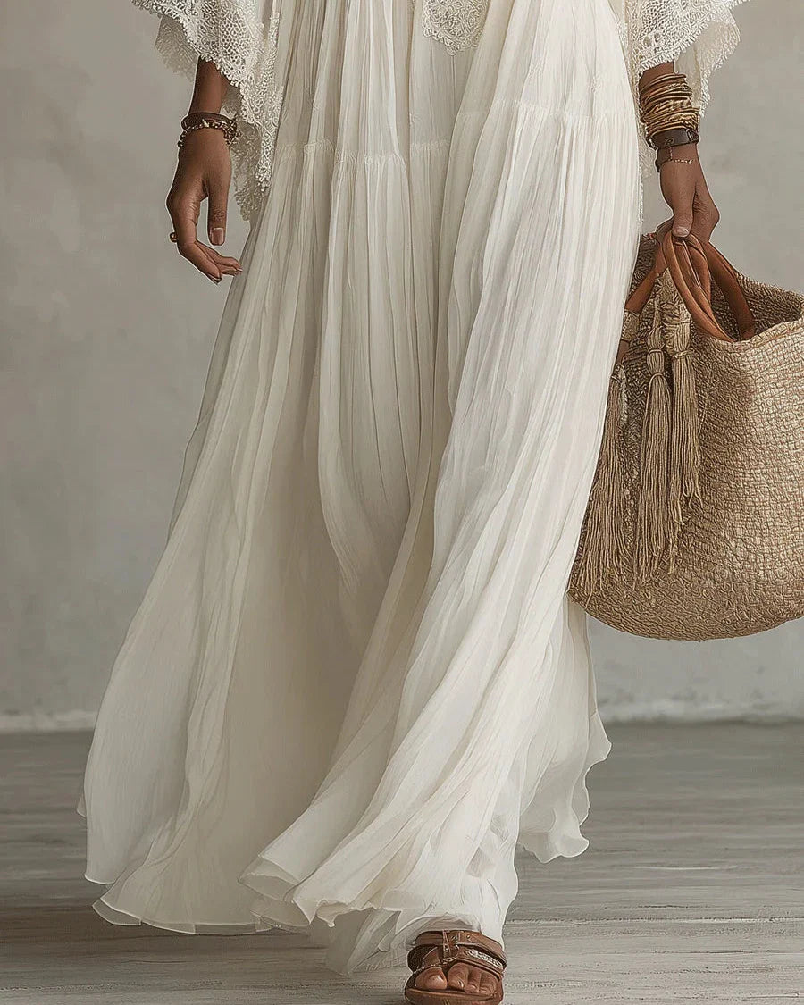 Adelaida | Vestido largo de gasa color marfil con mangas de murciélago y encaje blanco