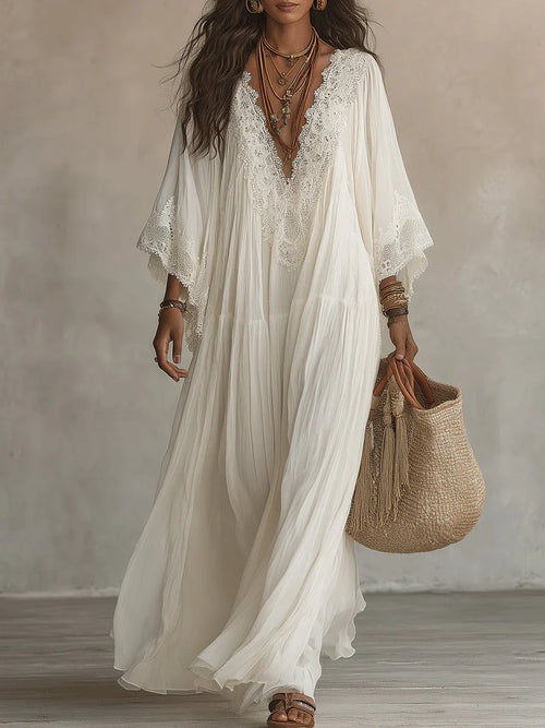 Adelaida | Vestido largo de gasa color marfil con mangas de murciélago y encaje blanco