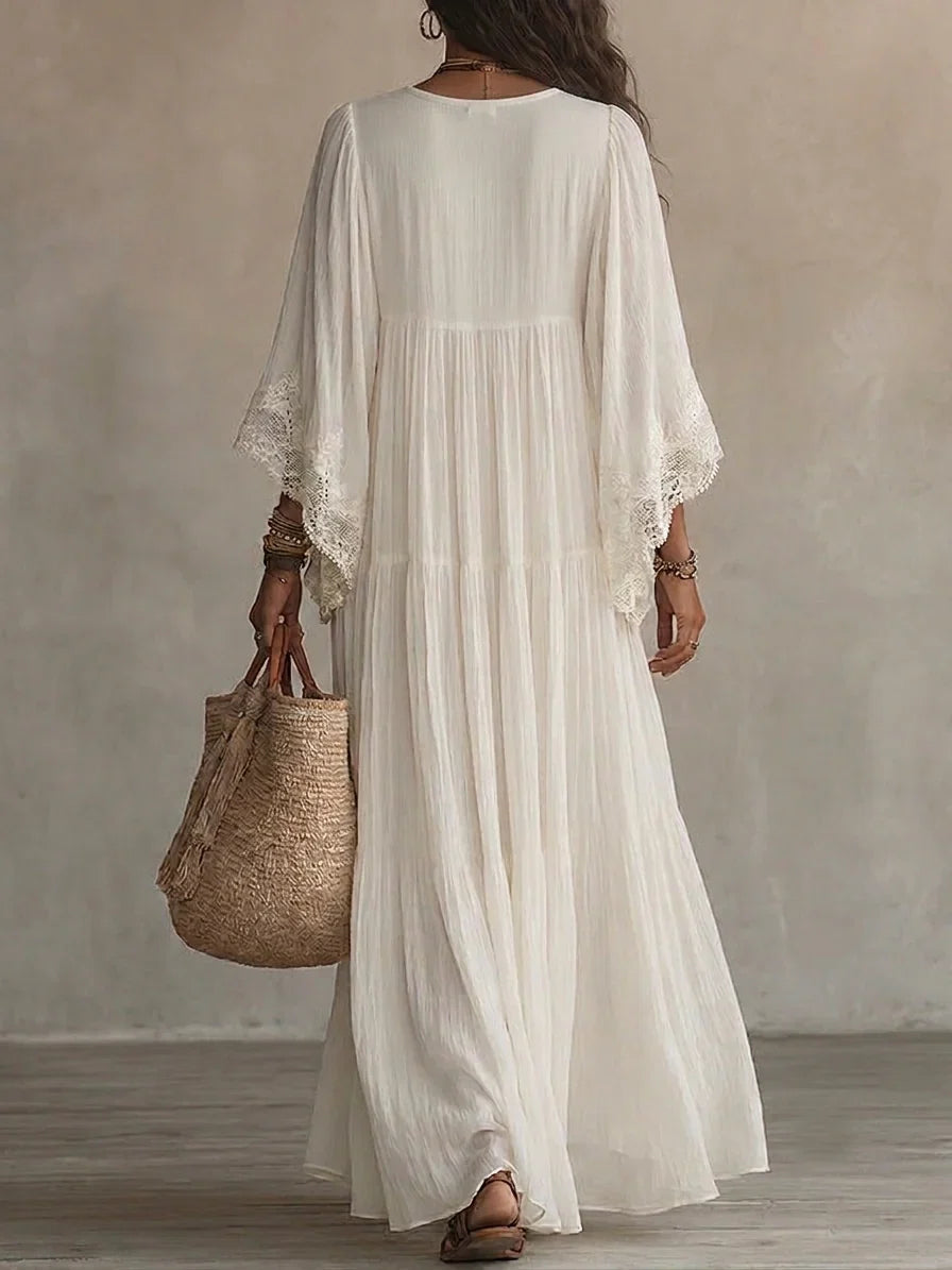Adelaida | Vestido largo de gasa color marfil con mangas de murciélago y encaje blanco
