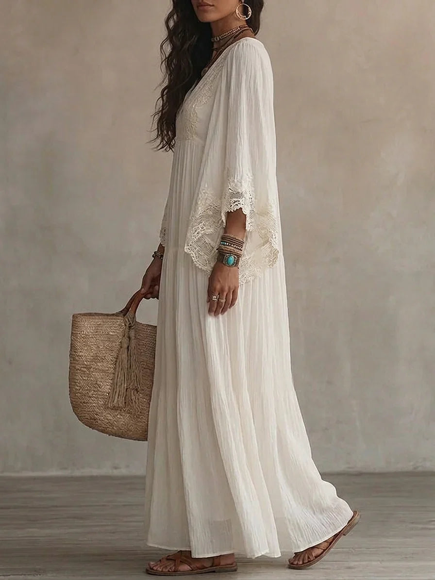 Adelaida | Vestido largo de gasa color marfil con mangas de murciélago y encaje blanco