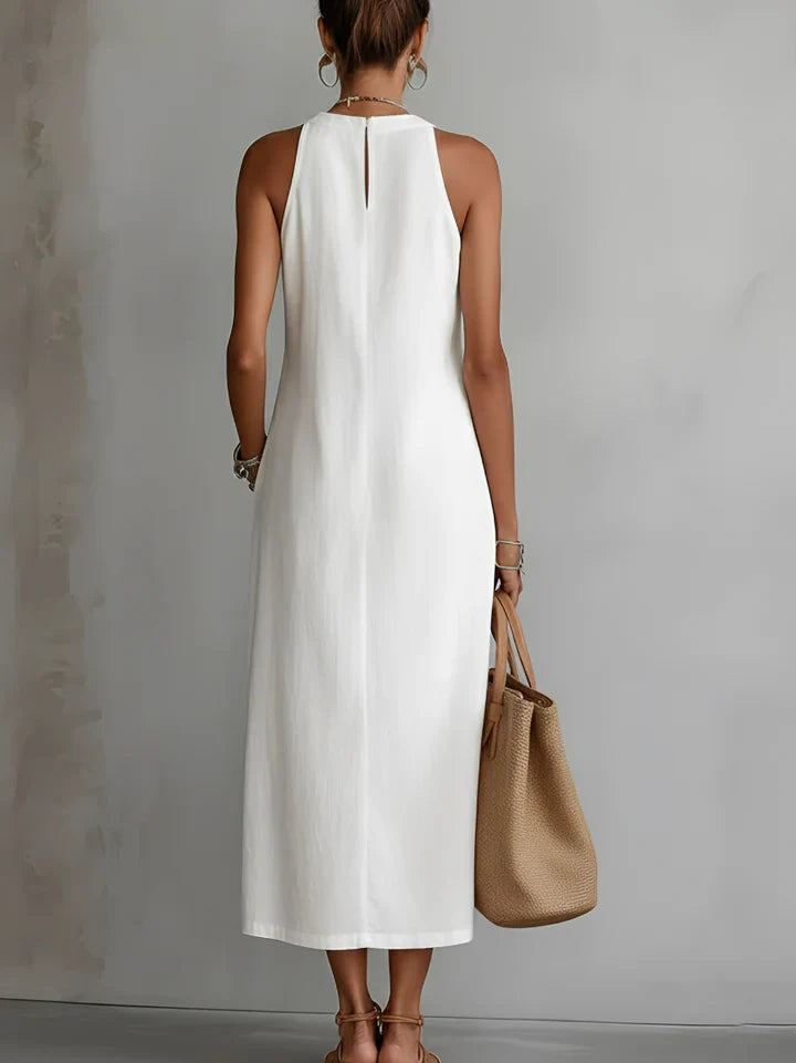 Jimena | Vestido midi de lino con cuello Mao