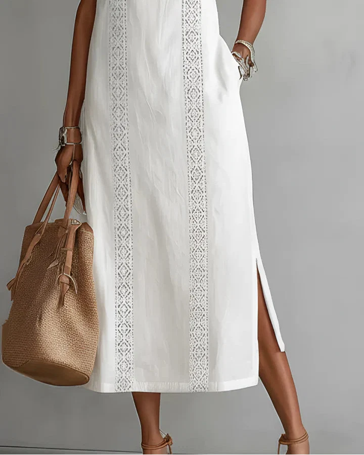 Jimena | Vestido midi de lino con cuello Mao