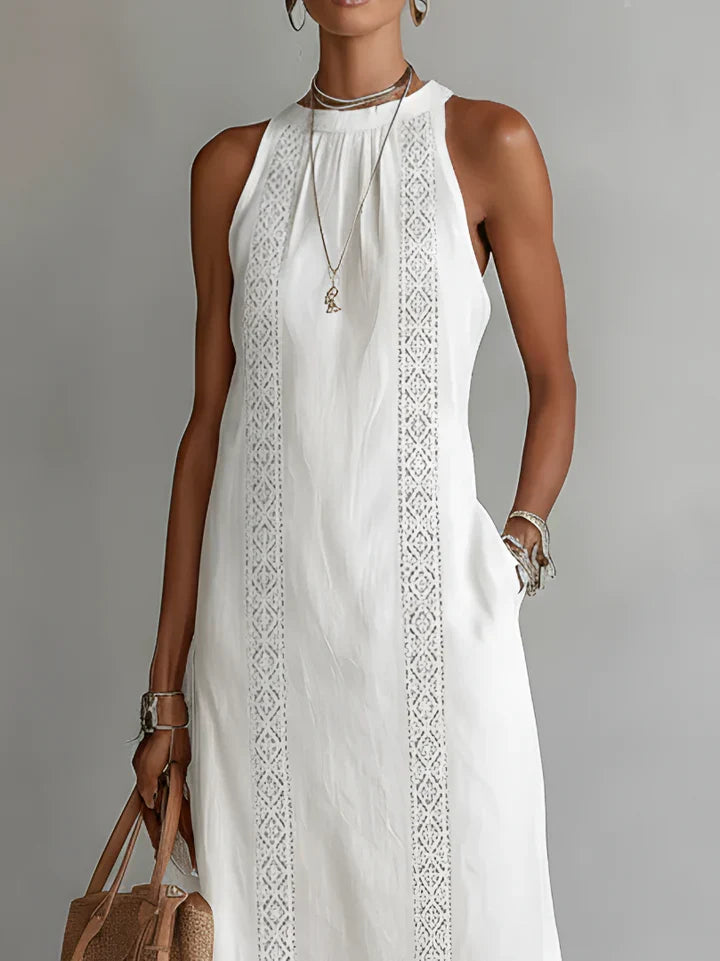 Jimena | Vestido midi de lino con cuello Mao