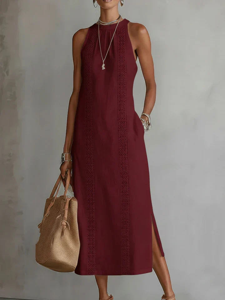 Jimena | Vestido midi de lino con cuello Mao