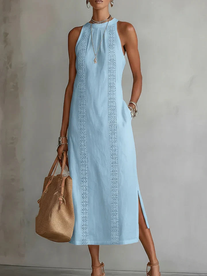 Jimena | Vestido midi de lino con cuello Mao